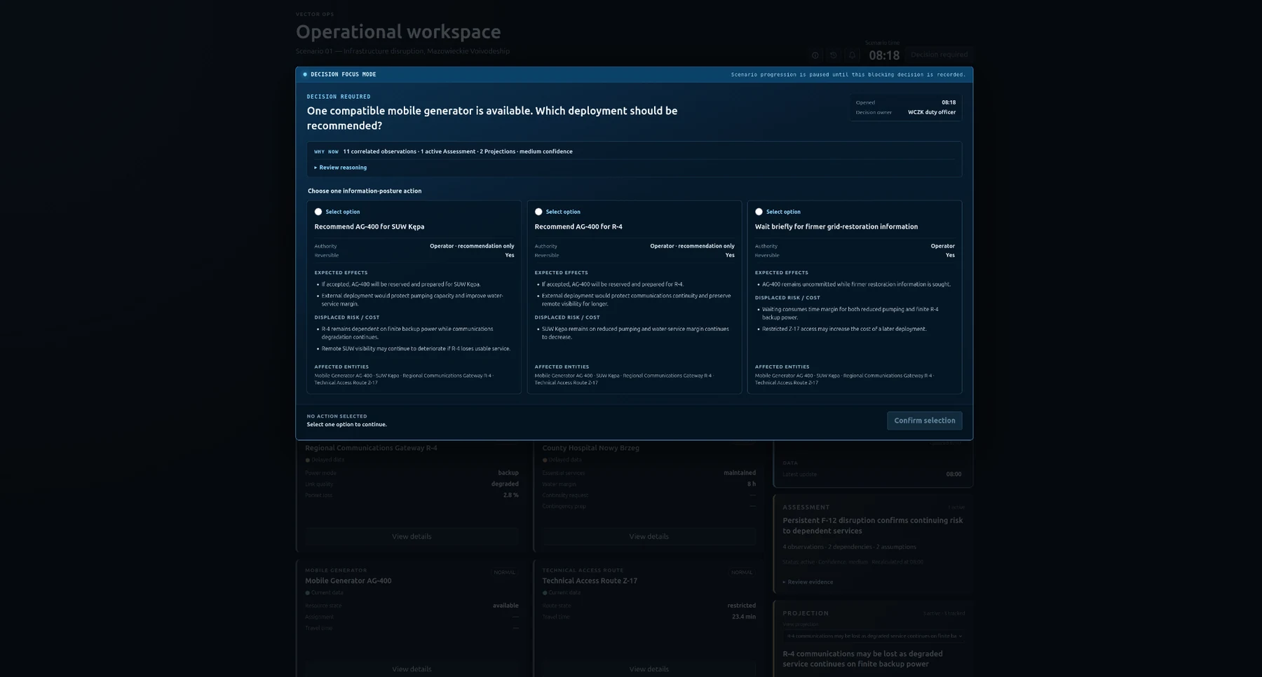 VECTOR OPS Decision Focus Mode comparing three operator options for deployment of a constrained mobile generator, including expected effects and displaced risks.